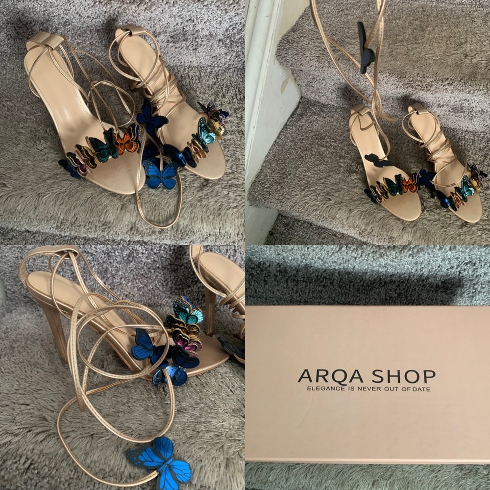 Butterfly Embellished Heels - Beige and Blue